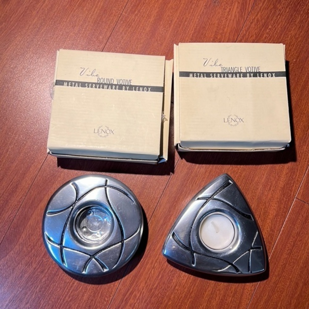 Lenox metal serve ware pair of round/triangle votives - Picture 1 of 12
